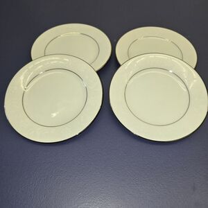 Noritake Ranier 4 Bread & Butter Plates Platinum Trim #6909 Floral White